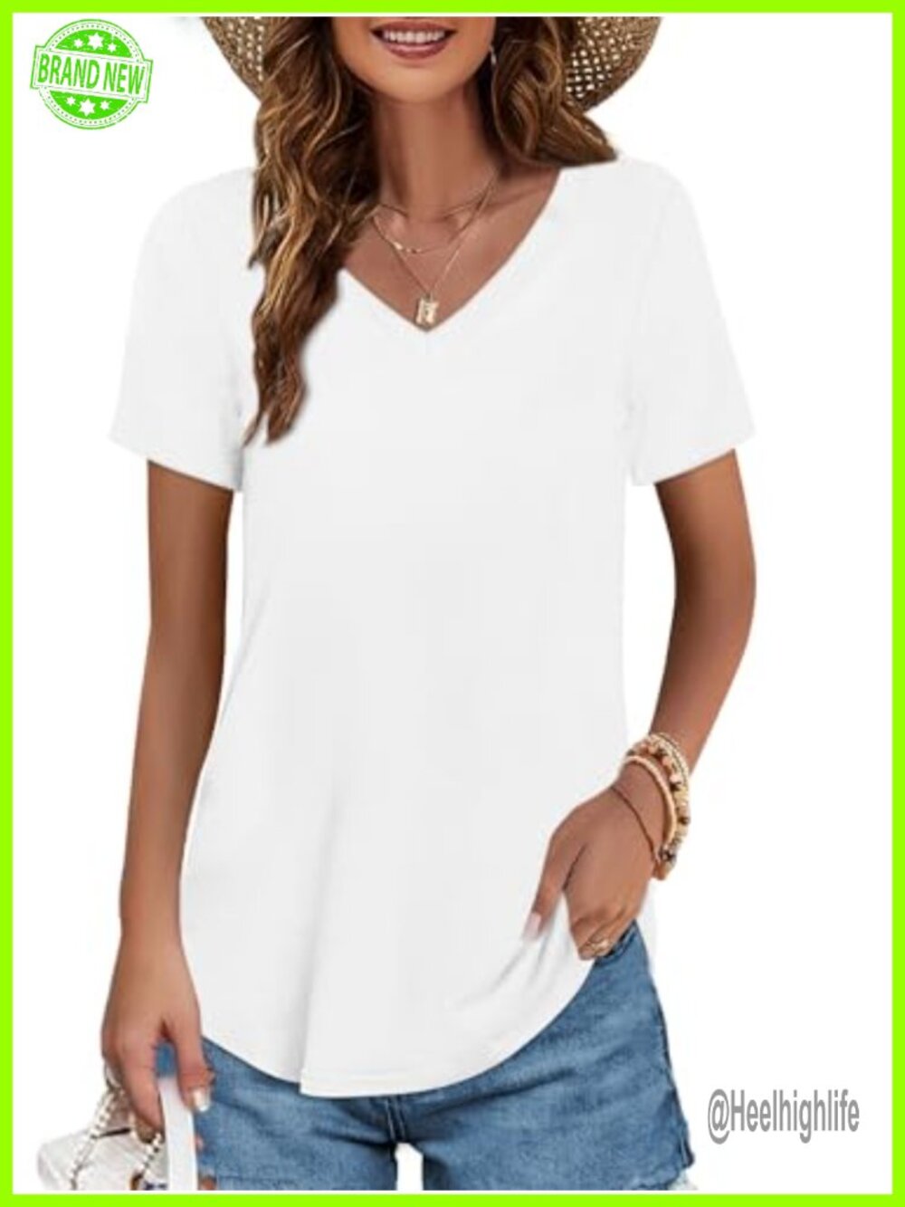 Women's V-Neck Cotton T-Shirt Short Sleeve Curved Hem Casual Top